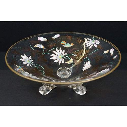 27 - The Paul Kettle Collection - A conical glass bowl with hand painted decoration depicting birds, flow... 