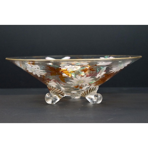 27 - The Paul Kettle Collection - A conical glass bowl with hand painted decoration depicting birds, flow... 