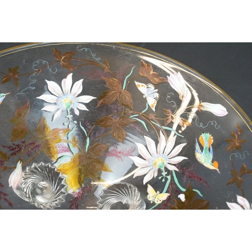 27 - The Paul Kettle Collection - A conical glass bowl with hand painted decoration depicting birds, flow... 