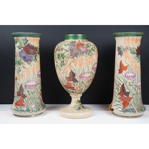 30 - 19th century opaque glass baluster vase with painted floral & foliate decoration on a cream / beige ... 