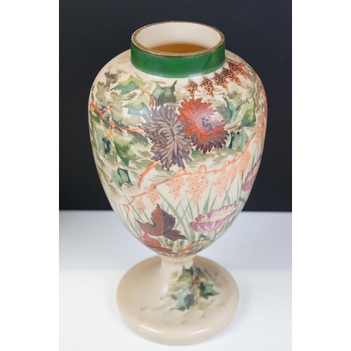 30 - 19th century opaque glass baluster vase with painted floral & foliate decoration on a cream / beige ... 