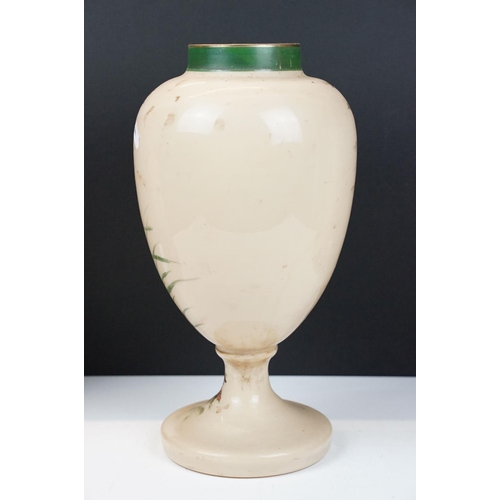 30 - 19th century opaque glass baluster vase with painted floral & foliate decoration on a cream / beige ... 