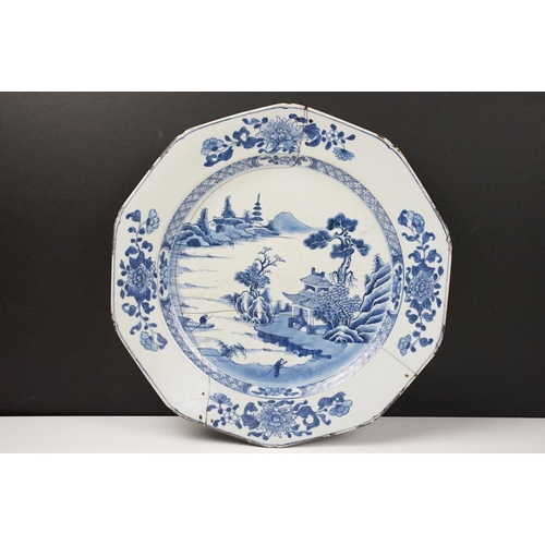 42 - Chinese decagonal shaped plate decorated in the willow pattern, a/f, approx 34cm diameter