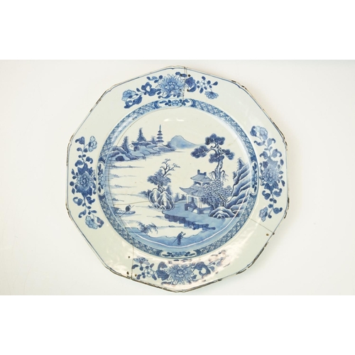 42 - Chinese decagonal shaped plate decorated in the willow pattern, a/f, approx 34cm diameter