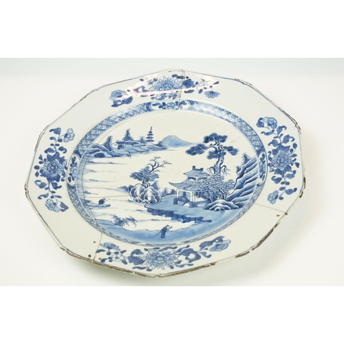 42 - Chinese decagonal shaped plate decorated in the willow pattern, a/f, approx 34cm diameter