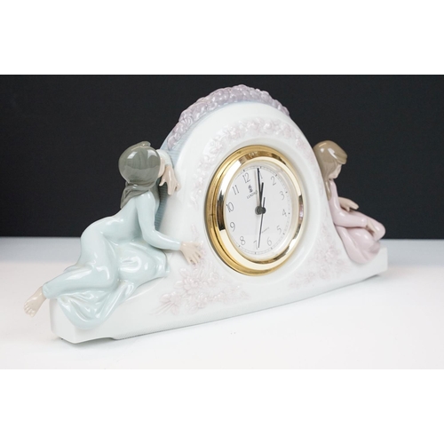 43 - Boxed Lladro 5776 Sisters Clock, quartz movement, approx 31cm wide