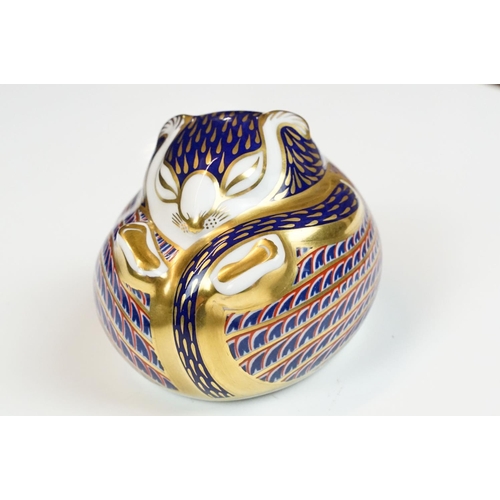 51 - Royal Crown Derby paperweight in the form of dormouse, in the Imari palette, with silver stopper, 5.... 
