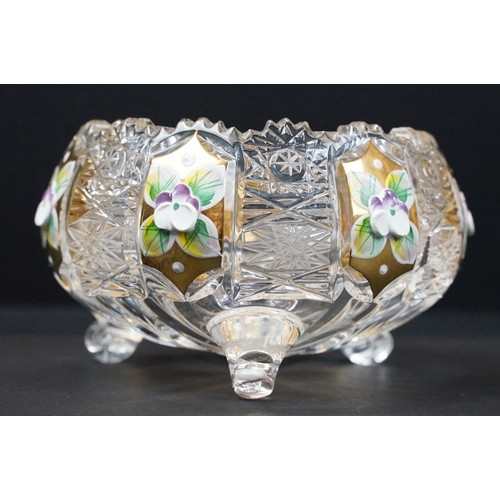 52 - Bohemian cut glass bowl, gold plated panels (labelled 1870.Kc), painted and applied with flowers, ra... 