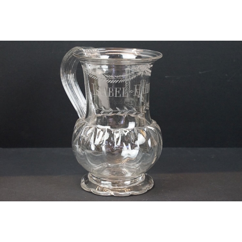 53 - 19th century glass tankard with etched swag and foliage and name Isabel Hallwood, 17cm high