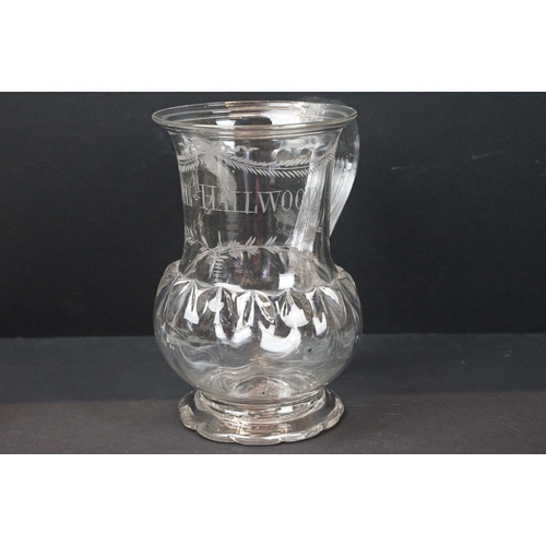 53 - 19th century glass tankard with etched swag and foliage and name Isabel Hallwood, 17cm high