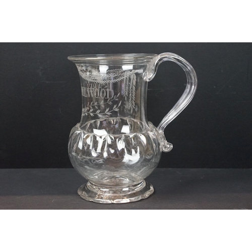 53 - 19th century glass tankard with etched swag and foliage and name Isabel Hallwood, 17cm high