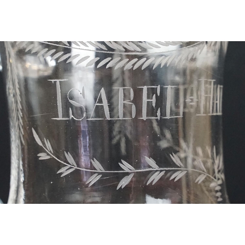 53 - 19th century glass tankard with etched swag and foliage and name Isabel Hallwood, 17cm high