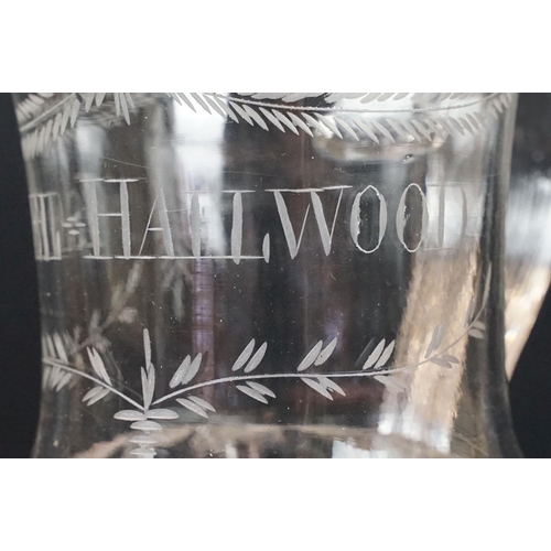 53 - 19th century glass tankard with etched swag and foliage and name Isabel Hallwood, 17cm high