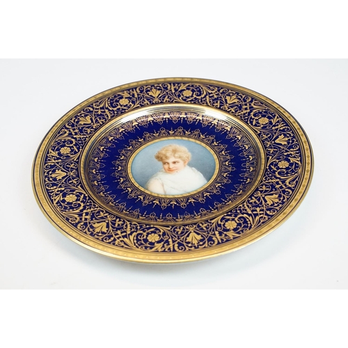 59 - Continental cobalt blue ground cabinet plate with hand painted portrait of a female to centre, borde... 