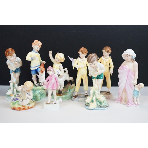 62 - Collection of nine Royal Worcester porcelain figures to include April (3416), Young Farmer, October ... 