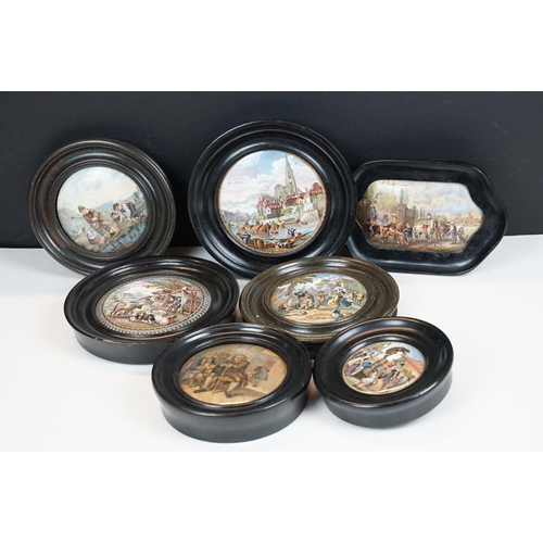 65 - Collection of seven framed Prattware pot lids, featuring Dr Johnson, Village Wedding, Vue de la Vill... 