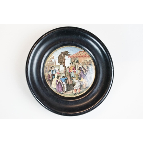 65 - Collection of seven framed Prattware pot lids, featuring Dr Johnson, Village Wedding, Vue de la Vill... 