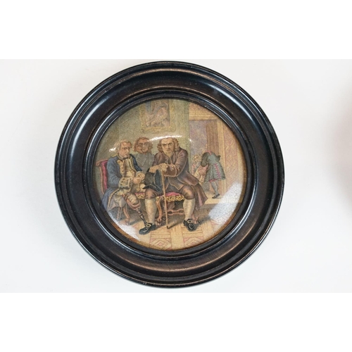 65 - Collection of seven framed Prattware pot lids, featuring Dr Johnson, Village Wedding, Vue de la Vill... 