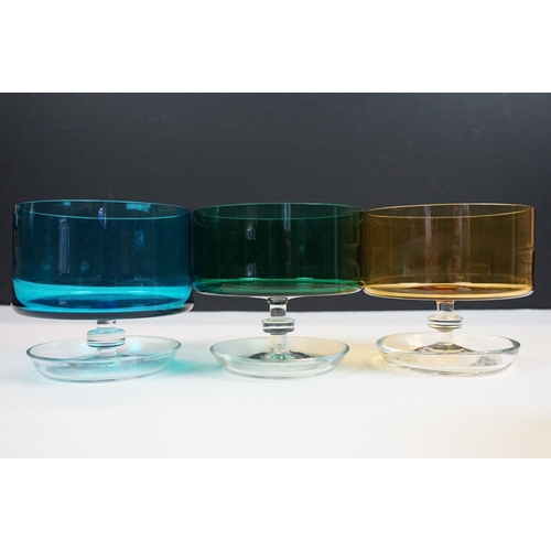 66 - Set of six 20th century coloured glass sundae dishes of circular form, to include blue, amber and gr... 