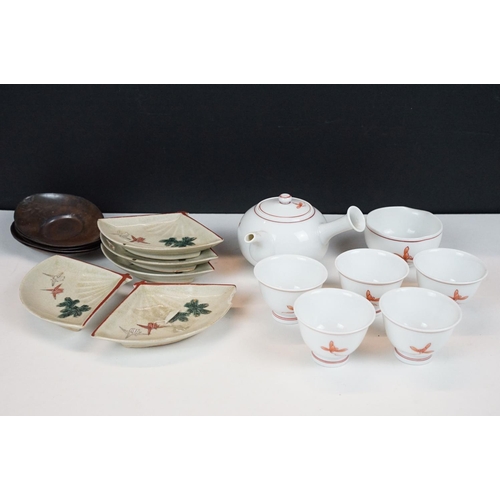 75 - Japanese porcelain part tea set comprising teapot, milk jug and five cups, together with five fan sh... 