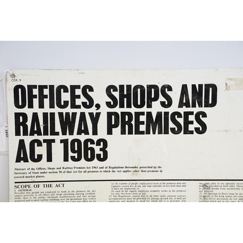 119 - Three metal wall signs to include 'Offices, Shops And Railway Premises Act 1963' (approx 75cm x 50cm... 