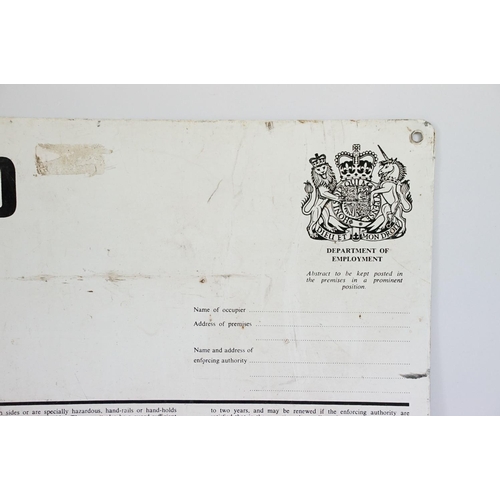 119 - Three metal wall signs to include 'Offices, Shops And Railway Premises Act 1963' (approx 75cm x 50cm... 