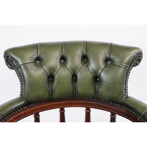 709 - 20th century mahogany captain's swivel desk / office chair, with green leatherette studded button ba... 