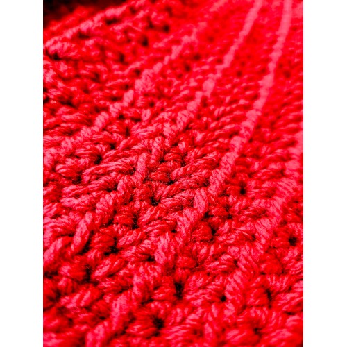 72 - A miniature red Bargain Hunt jacket (approx. for a one year old) hand-crocheted and appliquéd by Bar... 