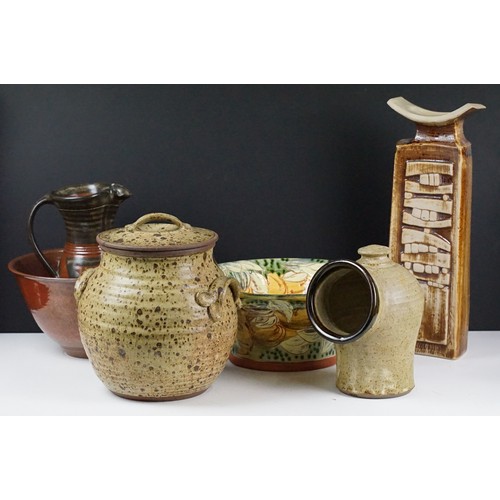 94 - Collection of studio art pottery stoneware ceramics to include a twin handled pot, rectangular vase,... 