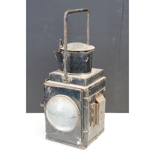 108 - British Railways black painted metal lantern with two convex glass lenses and carry handle (approx 4... 