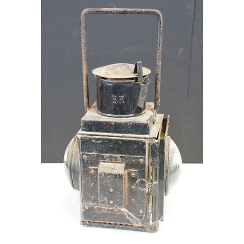 108 - British Railways black painted metal lantern with two convex glass lenses and carry handle (approx 4... 