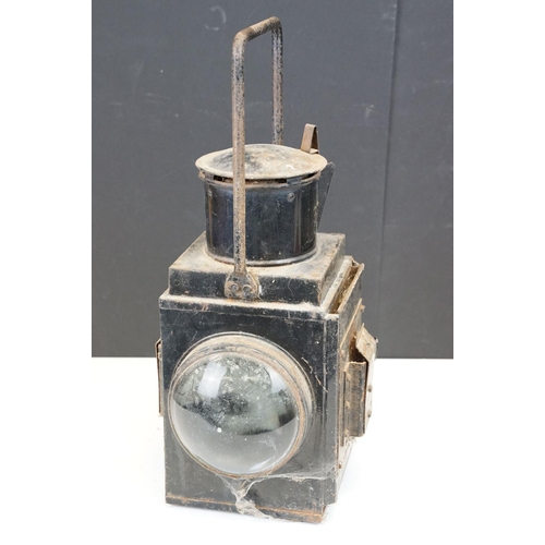 108 - British Railways black painted metal lantern with two convex glass lenses and carry handle (approx 4... 