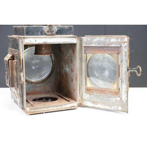 108 - British Railways black painted metal lantern with two convex glass lenses and carry handle (approx 4... 