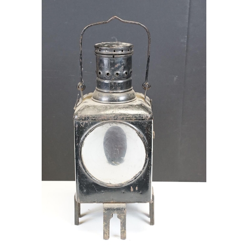 108 - British Railways black painted metal lantern with two convex glass lenses and carry handle (approx 4... 