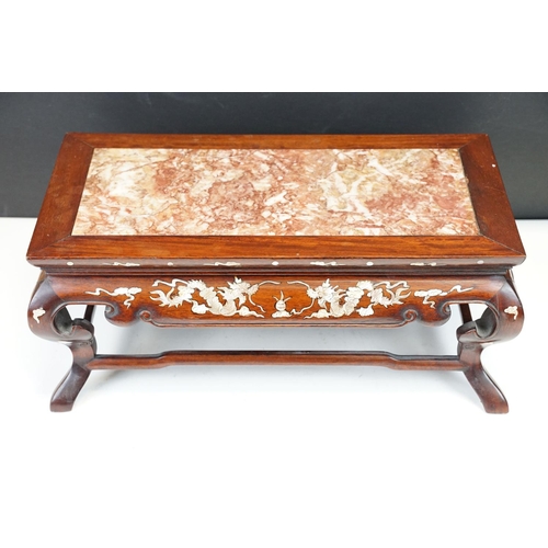 109 - Chinese small hardwood table top stand of rectangular form, with mother of pearl inlaid dragon decor... 