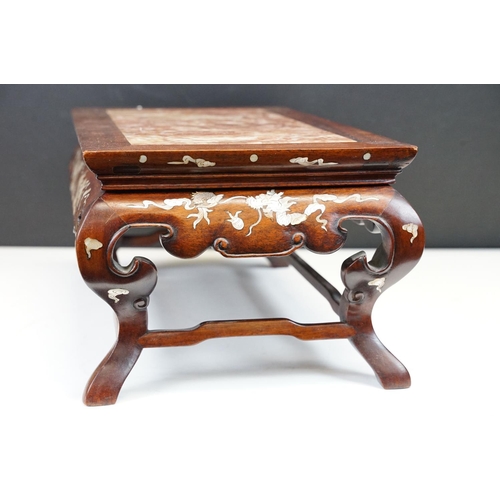 109 - Chinese small hardwood table top stand of rectangular form, with mother of pearl inlaid dragon decor... 