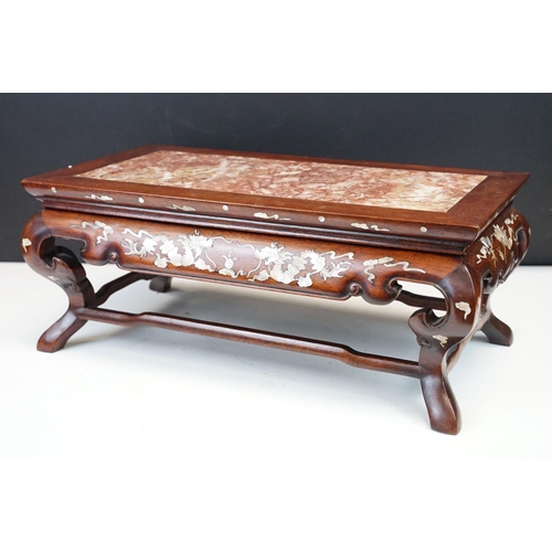 109 - Chinese small hardwood table top stand of rectangular form, with mother of pearl inlaid dragon decor... 