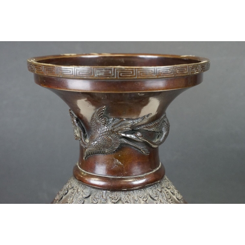 110 - Large Japanese bronze vase of baluster form with applied crane, blossom & finch decoration, approx 4... 