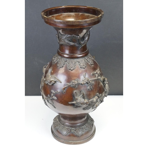 110 - Large Japanese bronze vase of baluster form with applied crane, blossom & finch decoration, approx 4... 