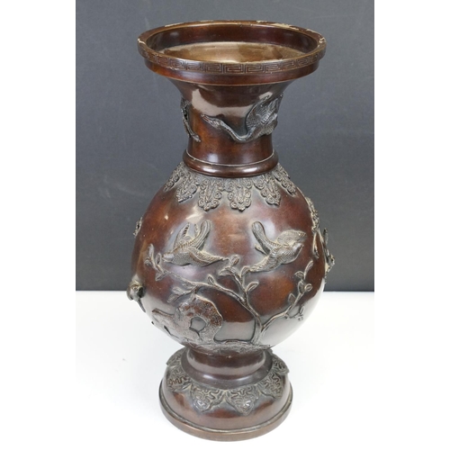 110 - Large Japanese bronze vase of baluster form with applied crane, blossom & finch decoration, approx 4... 