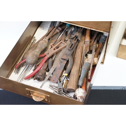 115 - Table top metal chest of five drawers housing a collection of woodworking & engineering tools to inc... 