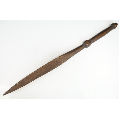 125 - Polynesian hardwood club with carved jagged edges and poker work type decoration to handle (approx 6... 