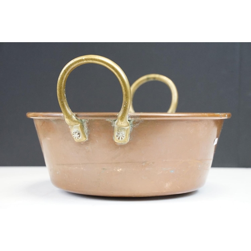 125A - Late 19th / early 20th C heavy copper jam pan with brass riveted handles, 51cm diameter, 12.5cm dept... 