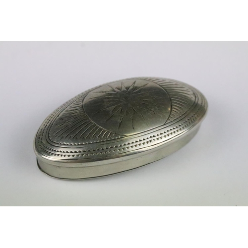 138 - An antique white metal snuff box marked John Jones, Handra Ter. Llangennech together with a brass ex... 