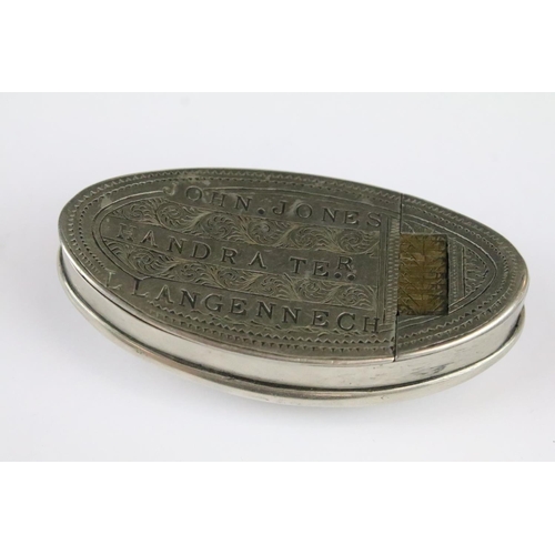 138 - An antique white metal snuff box marked John Jones, Handra Ter. Llangennech together with a brass ex... 