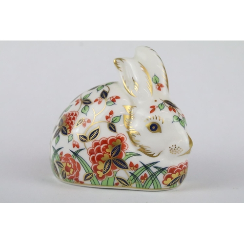 146 - Four Royal Crown Derby paperweights to include Meadow Rabbit (gold stopper - collectors guild), Bull... 