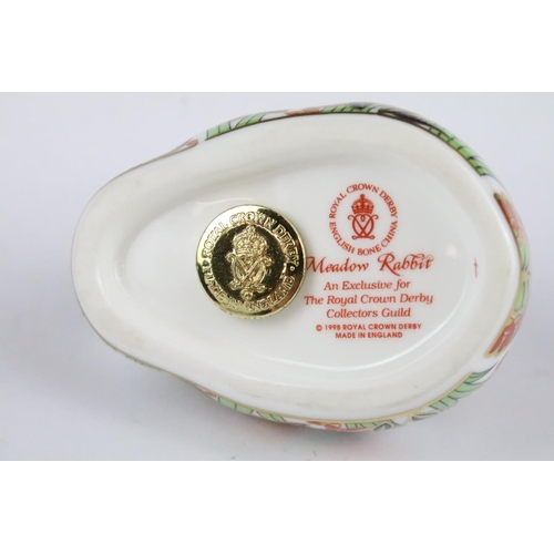 146 - Four Royal Crown Derby paperweights to include Meadow Rabbit (gold stopper - collectors guild), Bull... 