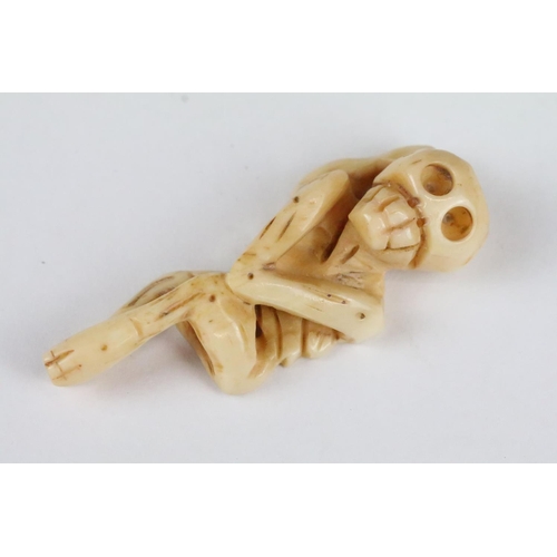 158 - Two carved bone netsuke figures in the form of skeletons, 5.5cm - 6cm