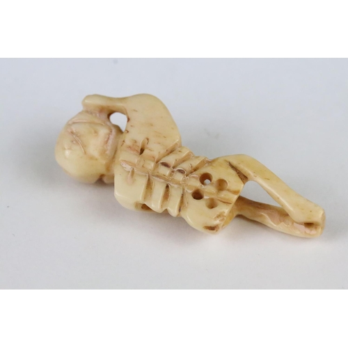 158 - Two carved bone netsuke figures in the form of skeletons, 5.5cm - 6cm