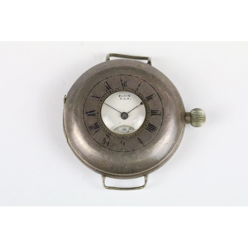 160 - A silver cased half hunter wristwatch with sub second dial to 6 o'clock.